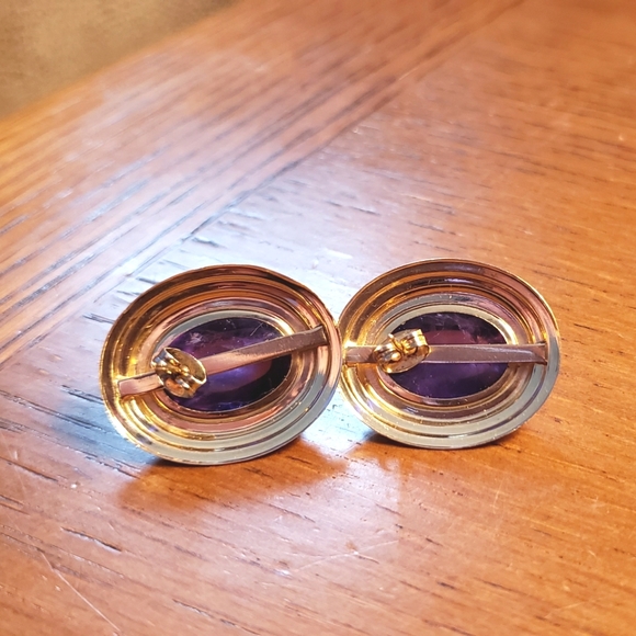 14K Yellow Gold Amethyst Cabochon Earrings - Picture 4 of 8